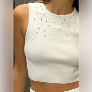 Zara White Sleeveless Crop Top with Embellishments